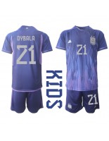 Argentina Paulo Dybala #21 Venkovní dres pro děti MS 2022 Krátký Rukáv (+ trenýrky)